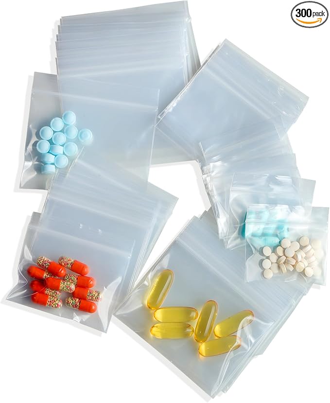 300 Pack Small Pill Bags, 6 mil Sturdy - 3 Assorted Sizes: 2x1.85'', 2.5x2.25'', 3x2.75'' Clear Zip Bags, Reusable Pill Pouch Bags for Travel, Storage, Jewelry & Craft Pieces