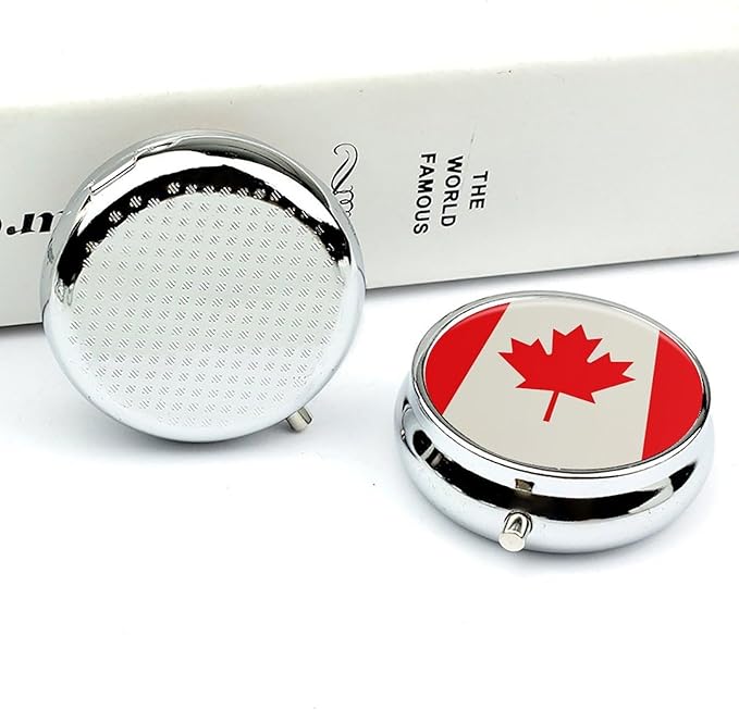 Retro Canada Flag Pattern Pill Box Travel Pill Case for Purse Pocket Weekly Medicine Organizer with Mirror 3 Compartment Round Medicine Case Portable PillcaseHolder for Daily