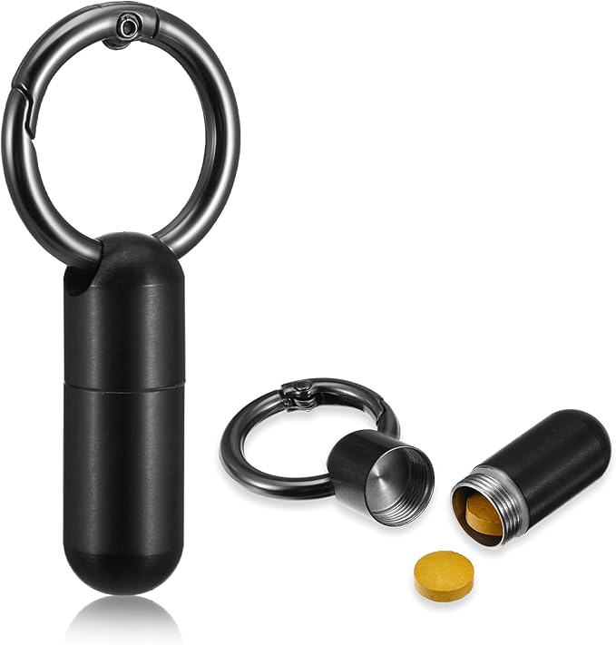 Small Pill Case Keychain Tiny Portable Pill Carabiner Clip Holder Bottle Micro Waterproof Metal Container Mini Emergency Medicine Organizer for Outdoor Camping Travel Purse Pocket(Black)