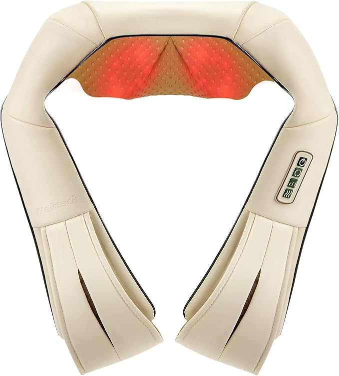Nekteck Shiatsu Neck Massager with Heat for Pain Relief Deep Tissue, 2026 Upgraded 3D Back Shoulder Kneading Massage Pillow, Body Muscle Relaxation Tools Gifts for Him Her, Beige (NOT Cordless)