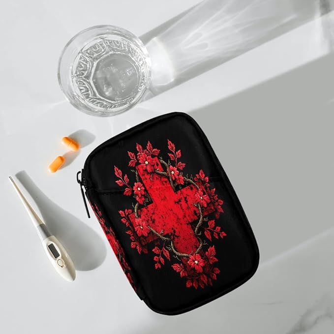 Jesus Red Flower Pill Case Everyday Travel, 7 Day Weekly Medicine Pill Box Compact Portable Pills Bottle Organizer with Zipper for Daily Vitamin Medicine Holder Bottle Organizers Bag