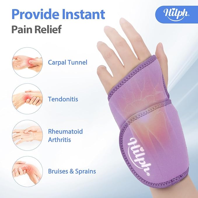 Hilph Wrist Ice Pack Wrap for Carpal Tunnel Relief, Reusable Wrist Brace with Gel Pack Hot Cold Compression for Hand Injuries, Rheumatoid, Tendonitis, Swelling, Surgery Gift for Men Women, Purple