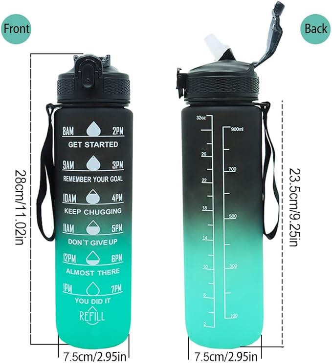 32oz Sports Water Bottle Outdoor, with Drinking Time and Capacity Labels, Sport Water Cups with Straw,BPA Free Leak Proof,for Fitness Gym Running Climbing(Black green)