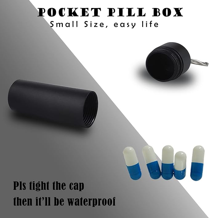 Small Pill Box Waterproof Keychain Pill Holder Portable Travel Pill Container Metal Case with Keyring for Outdoor Camping Travel