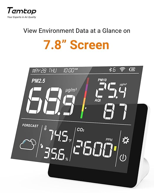 Temtop Air Quality Monitor Indoor PM2.5 CO2 Detector, 8-in-1 Smart Air Quality Weather Station with PM2.5 PM10 CO2 Temperature Humidity Sensor Weather Forecast for Home