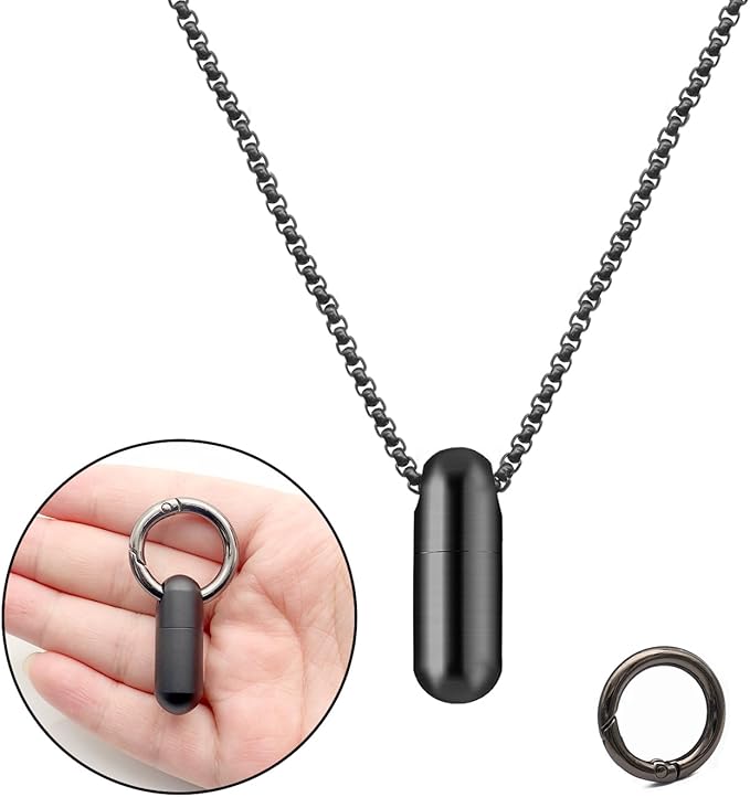 Small Pill Box Necklace Black Titanium Mini Pill Case with Necklace Chain Tiny Pill Case for Men Waterproof Pill Holder Emergency Aspirin & Nitro Pill Container Stocking Stuffers Christmas Gifts