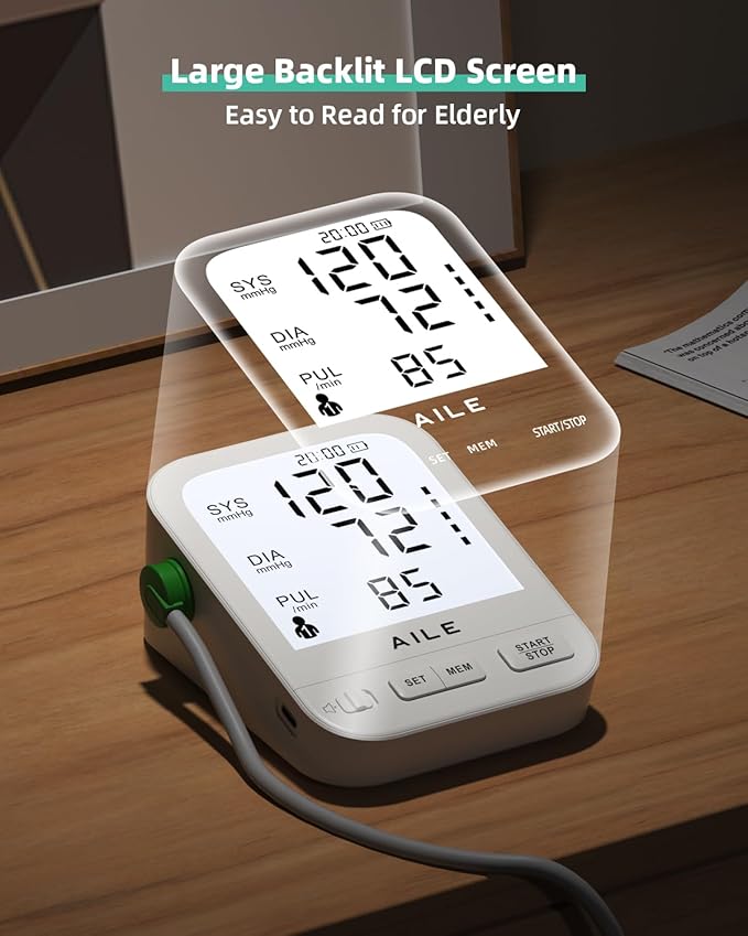 Blood Pressure Monitor for Home Use: AILE Blood Pressure Machine with Large LCD Backlit Screen - Large Comfort Blood Pressure Cuff Arm - 8.7"-16.5" Adjustable - 2 * 99 Records - Easy to Use