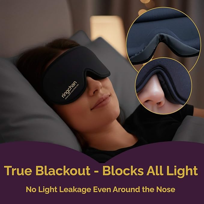 3D Sleep Mask for Back Sleepers - True Blackout Eye Masks for Sleep - Zero Eye Pressure Nose Seal Eye Cover for Meditation, Naps & Travel, Adjustable & Comfortable - Jet Black