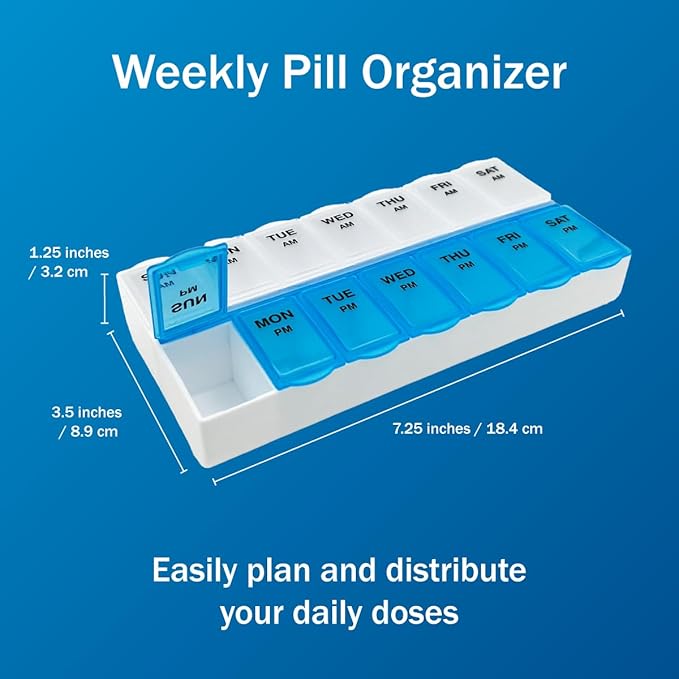 Amazon Basic Care 7-Day AM/PM Pill Organizer | Large Compartments | 2 Times Daily | Blue Clear Lids | Pack of 2