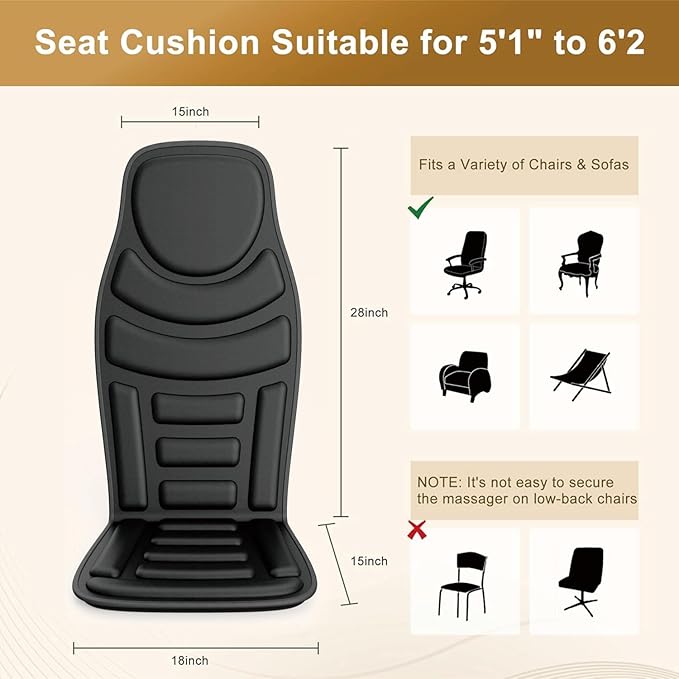 Back Massager with Heat,8 Vibration Motors Massage Chair Pad for Shoulder and Back, Deep Tissue Vibration Seat Cushion for Body Pain Relief，Home Office Chair Use, Gifts for Women,Men,Black