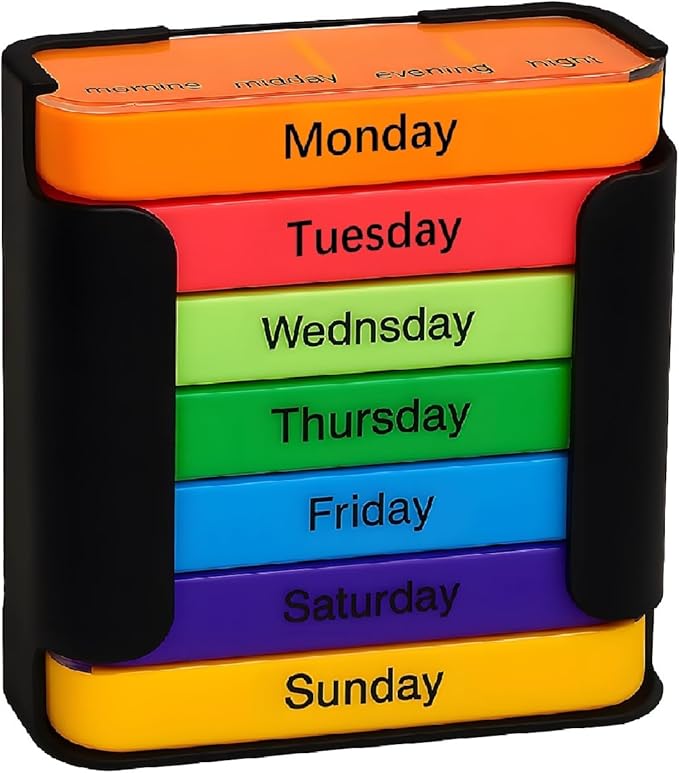 7-Day Medication Organizer, Weekly Pill Organizer, Portable Food-Grade Medicine Box Square, Convenient 28-Grid Drawer Medicine Box Home Travel Storage Case for Medication, Supplements (Black/Colorful)