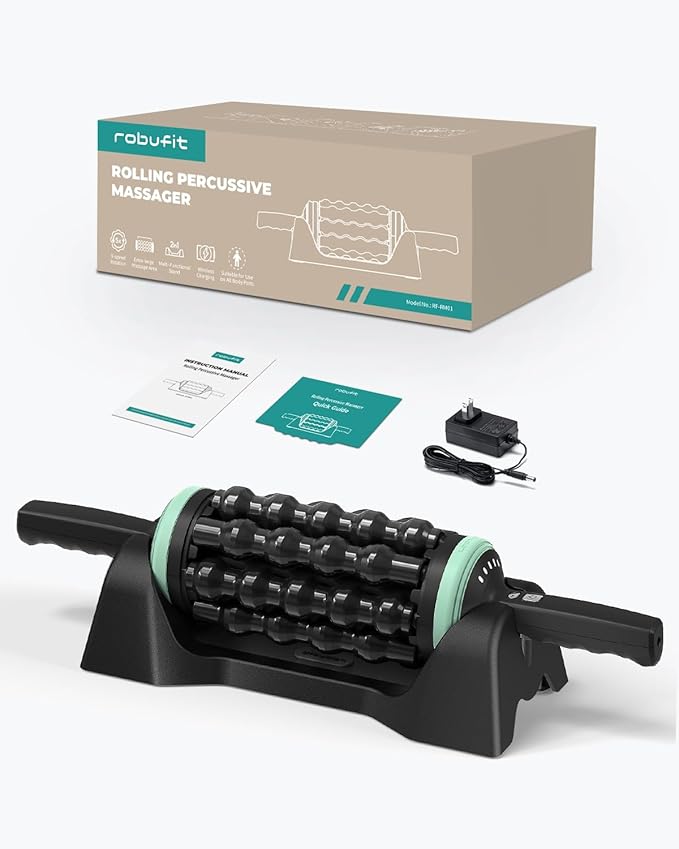 Electric Rolling Percussive Massager, Back Leg Foot Psoas Muscle Roller Massage Tool with Hands-Free Base, Deep Tissue and Muscle Recovery Rechargeable Roller Stick for Whole Body Relief
