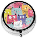 3 Compartment Travel Pill Case, Sealed Portable Pill Container Mini Size Metal Pill Box for Pocket Purse, Three Times a Day Pill Organizer for Men, Women and Children - Colorful Cat Family
