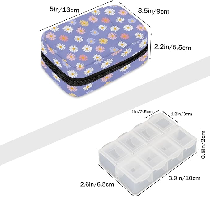 Cute Purple Daisies Pill Case Everyday Travel, 7 Day Weekly Medicine Pill Box Compact Portable Pills Bottle Organizer with Zipper for Daily Vitamin Medicine Holder Bottle Organizers Bag