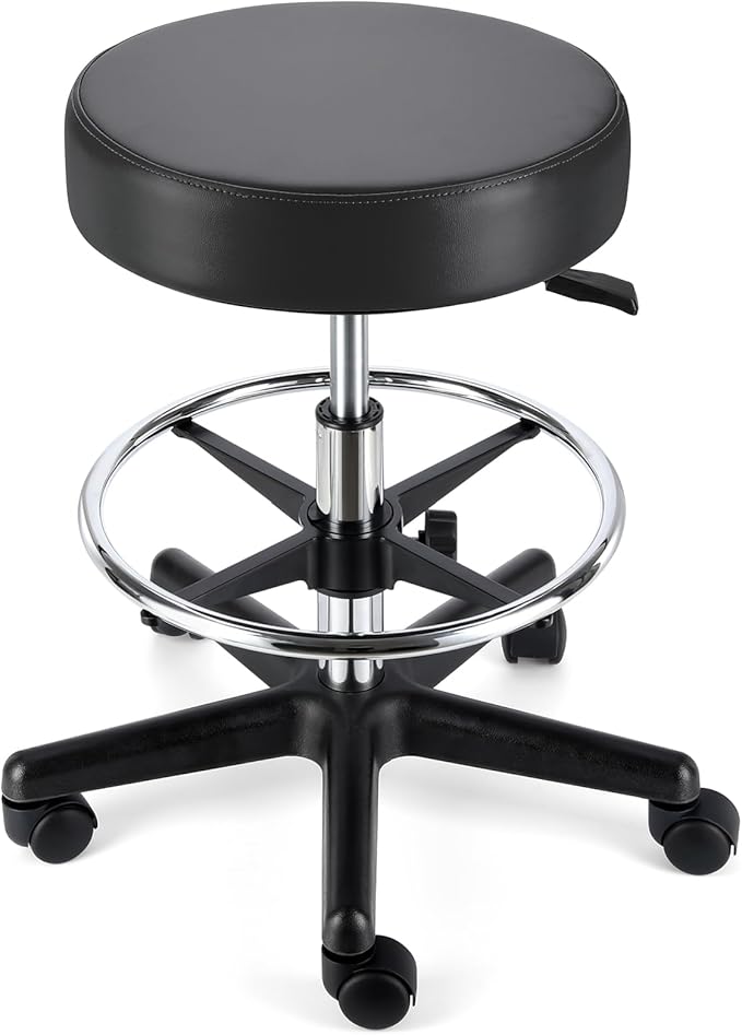 JMU Rolling Stool Heavy Duty 400lb with Footrest,PVC Leather Large Seat,Swivel Rolling Adjustable Height for Salon Spa Work Office Clinic Dentist Dentists Healthcare, Black