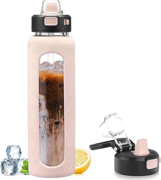 Kodrine 32 oz Glass Water Bottle with Straw and Carry Loop, One-Touch Leakproof Locking Lid, Reusable Drinking Bottle with Time Marker for Travel Home Gym Sports (Pink)