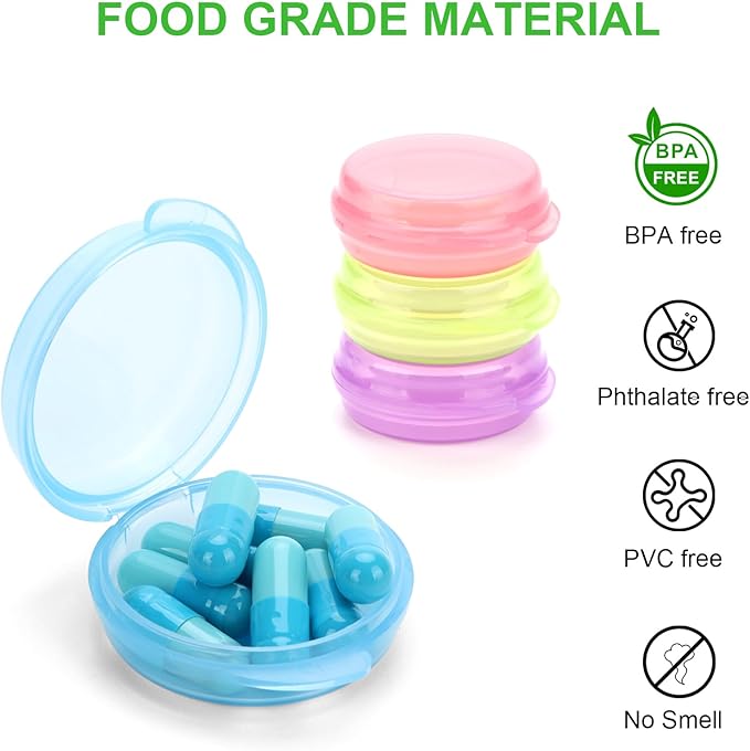 Small Pill Case,8 Pack Travel Round Pill Boxes,Portable Mini Daily Pill Organizer Container,Tiny Medicine Storage for Pocket Purse,Clear Compact Caddy Dispenser for Vitamin, Cod, Liver Oil - Colored