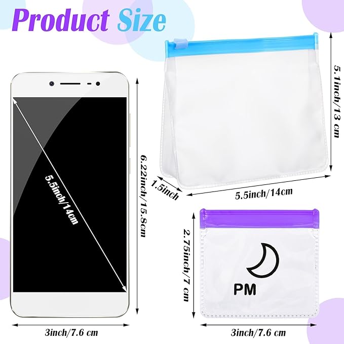 56 Pcs AM PM Pill Pouches Bags Travel Pill Bags Zippered Medicine Organizer Day and Night Pill Bag Reusable Plastic Pill Baggies with Slide Lock Monthly Pill Organizer 2 Times a Day (Blue, Purple)