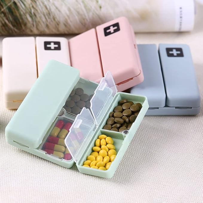Daily Pill Organizer, 7 Compartments Portable Pill Case Travel Pill Organizer, Folding Design Pill Box (Beige)