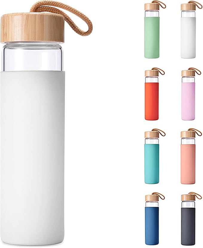 20 Oz Borosilicate Glass Water Bottles with Silicone Sleeve BPA Free, Dishwasher Safe - Reusable Clear Glass Drinking with Leak Proof Bamboo Lid | Perfect Gym Water Bottles for Men & Women