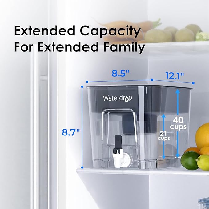 Waterdrop 40-Cup Large Water Filter Dispenser with 4 Filters, 200-Gallon Long-Life, for Home and Office, 5X Times Lifetime, Reduces Chlorine, PFOA/PFOS and More, BPA Free, Black