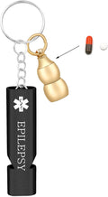Brass Gourd Medical Pill Storage Case Keychain with Black Emergency Whistle – Waterproof and Portable Design with Seizure Info – Great for Fitness and Daily Use