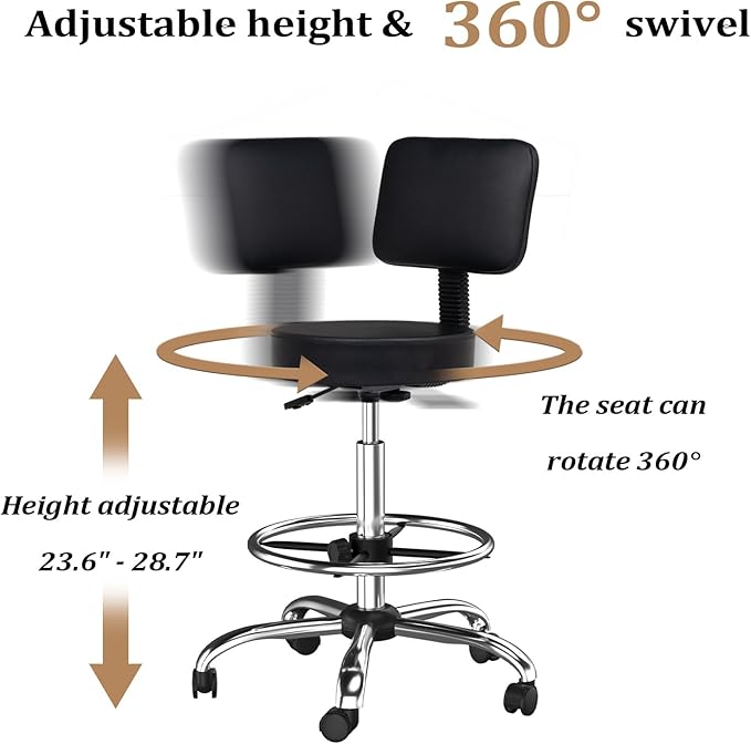 OmySalon Drafting Chair,Ergonomic Office Desk Chair with Back Support,Tall Adjustable Rolling Stool with Footrest & Thick Seat Cushion,Computer Chair for Salon Medical Spa Home Bar Kitchen, Black