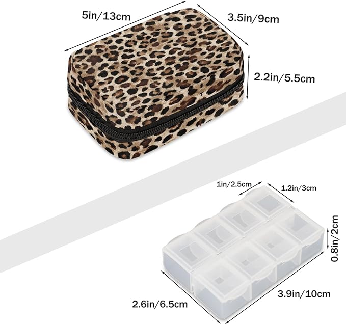 Leopard Print Cheetah Pill Case Everyday Travel, 7 Day Weekly Medicine Pill Box Compact Portable Pills Bottle Organizer with Zipper for Daily Vitamin Medicine Holder Bottle Organizers Bag
