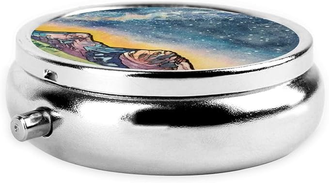 Metal Silver 3 Compartment Pill Box Pocket Portable Mini Travel Pill Case Small Round Decorative Medicine Box Vitamin Pill Organizer with Starry Sky Mountain