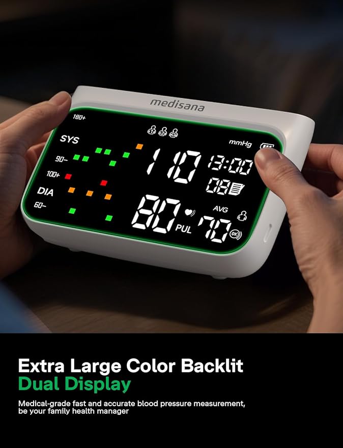 Medisana Blood Pressure Monitors for Home Use, Rechargeable Upper Arm Blood Pressure Monitor with Large LED Backlit Display, Adjustable Blood Pressure Cuff 9-17" with 2×110 Sets Memory(NO Bluetooth)