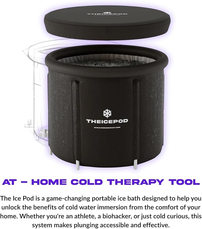 The Pod Company – The Original Ice Pod 84-Gallon Ice Bath Bundle – Portable Cold Plunge Tub with Insulated Lid, Thermometer, Water Stabilizer, 12 Ice Bricks & Cleaning Kit for Recovery & Wellness