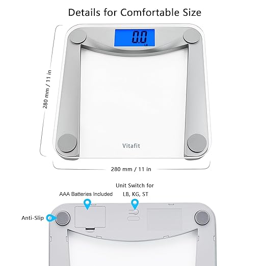 Vitafit Digital Bathroom Weight Scale for Body Weight, High Accuracy Assured by Weighing Professional Since 2001,Extra Large Blue Backlit LCD and Step-On, 400lb/182kg, Clear Glass