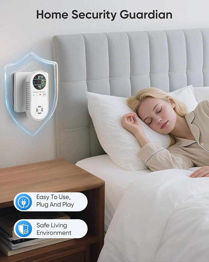 Carbon Monoxide Detectors & Natural Gas Detector, 4-in-1 Carbon Monoxide Detectors Plug in, Gas Leak Detector with Dual Alarms, Temperature & Humidity Sensor for Home, RV, White, 3 Packs