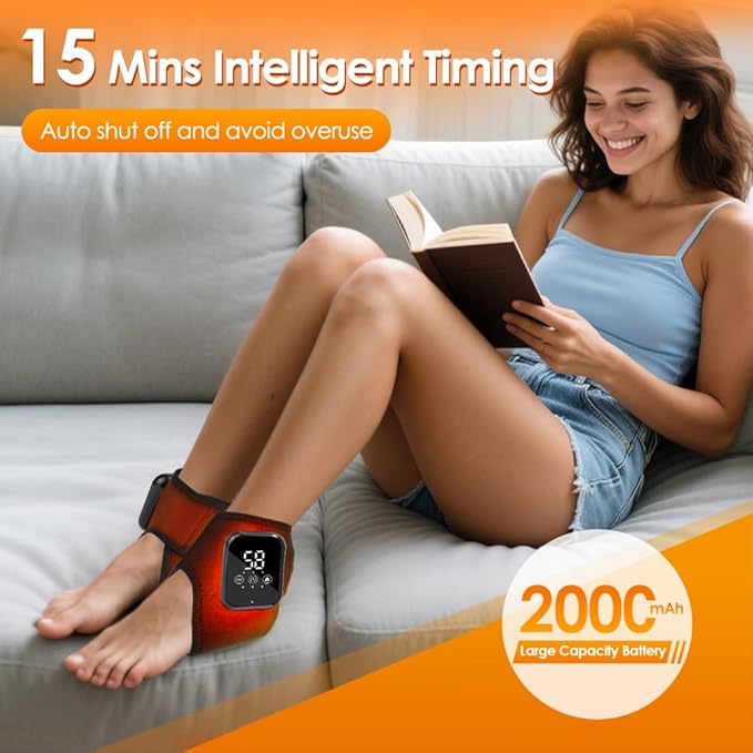 Heated Ankle Wrap with Vibration Massage – Cordless Electric Foot Massager Brace for Pain Relief, Swelling, Stiffness & Circulation – Rechargeable Heating Pad Support for Men & Women