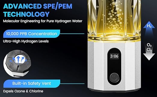 Hydrogen Water Bottle 10,000+PPB - PPB Molecular Hydrogen Infusion - SPE/PEM Technology (Silver)