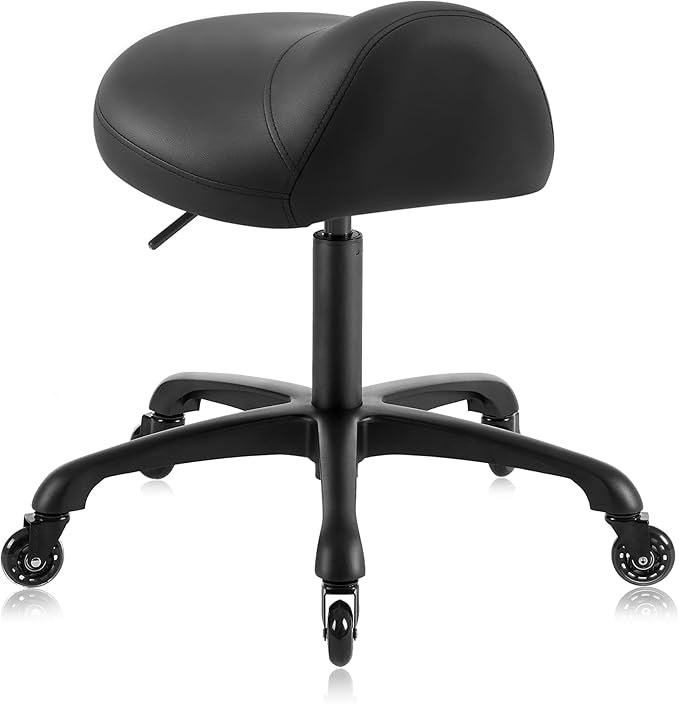 Heavy-Duty Ergonomic Pneumatic Swivel Rolling Saddle Stool with Extra Wide Seat for Hygienic Clinic Spa Massage Home and Office - 505 KIMO (Black)