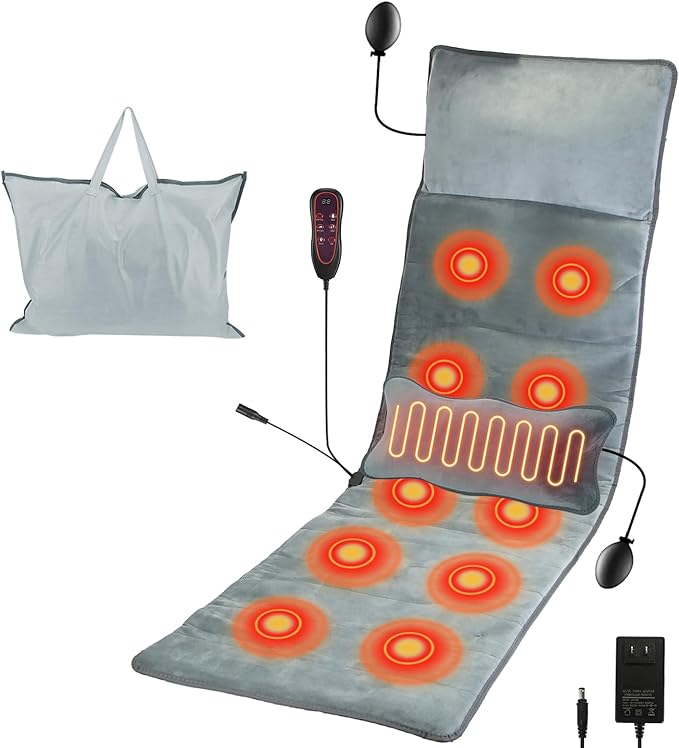 KOCASO Full Body Massage Mat with Heat with Inflatable Head Pillow Electric Vibration Massage Pad Back Massager for Chair 10 Motors 9 Modes 3 Heat Levels Lumbar Pillow for Women Men Home Office Gift