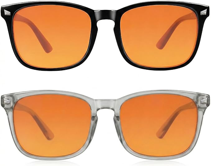 2 Packs Professional Sleep Glasses with 98.7% Blue Light Blocking Dual AR Coatings Amber Lens, Computer Gaming Glasses for Men Women, Anti Fatigue & Eye Strain