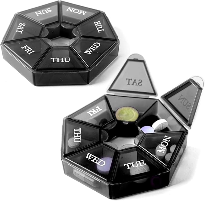 Deke Home - Small Weekly Pill Organizer (2 Pack), Round Pill Dispenser for Travel, Mini Pill Organizer, Compact Medicine Holder, Pill Sorters 7 Days, Portable Vitamin Container, BPA Free (Food Grade)