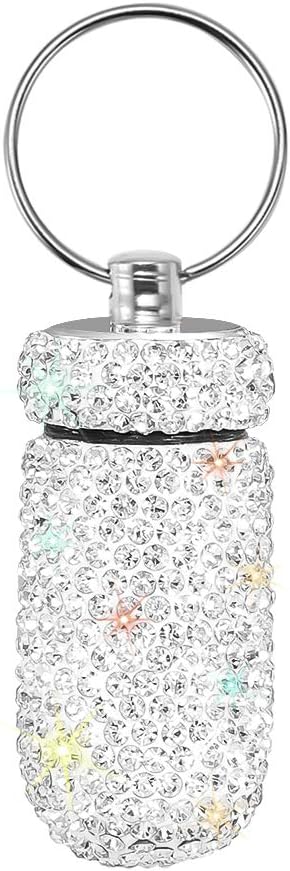Portable Pill Case Pill Container Waterproof Pill Holder with Keychain Bling Pill Box Medicine Dispenser Bottle Storage for Outdoor Camping Travel (White)