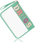 Chenille Letter Clear Bag DRUGS Purse, Monogram PVC & PU Meds Travel Bag Zipper Pouch with Wristlet, Waterproof Portable Glitter Preppy Cosmetic Pouch Toiletry Bag for Women Girls (DRUGS-Green)