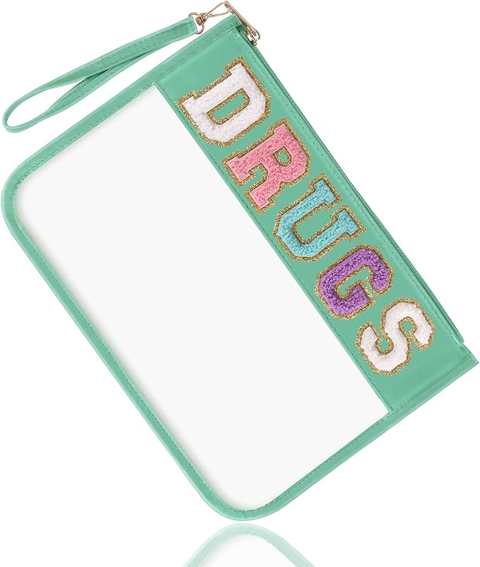 Chenille Letter Clear Bag DRUGS Purse, Monogram PVC & PU Meds Travel Bag Zipper Pouch with Wristlet, Waterproof Portable Glitter Preppy Cosmetic Pouch Toiletry Bag for Women Girls (DRUGS-Green)