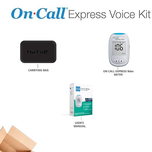 Blood Glucose Monitor Meter by On-Call Express Voice, Bilingual (English/Spanish) Guidance, 300 Test Storage, Large Display, Accurate Diabetic Blood Sugar Results in Seconds, Travel Case