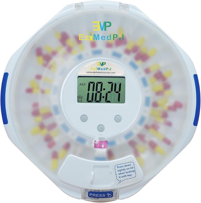 EziMedPil Automatic Pill Dispenser Frosted Lid with Alarm, Sound & Light, up to 6 Alarms/Day, 6 Dosage Templates, LCD Display, Key Locked 28-Day Medication Dispenser for Protecting Pills Privacy