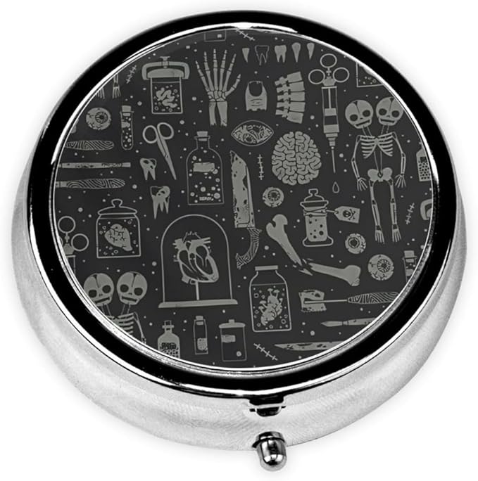 Pill Box 3 Compartment Pocket Small Pill Organizer Mini Metal Pill Holder Travel Portable for Man - Gothic Skull