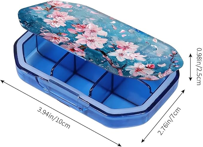 This Watercolor Style Cherry Blossom Tree Pattern 6 Compartment Pill Box Can Be Placed in A Pocket Or Wallet to Store Vitamins, Medicines Other Medications.