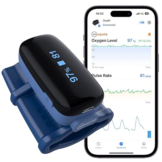 O2 Pulse Oximeter Fingertip, Oxygen Saturation Monitor, Bluetooth Pulse Rate Tracking with App, Continuous Rechargeable O2 Finger Oxygen Meter, 4 * 10 Hrs Built-in Memory, Smart Reminder
