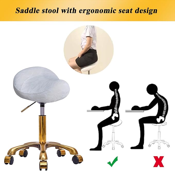 Saddle Stool Gold Rolling Stool with Wheels, PU Leather Roller Vanity Chair, Height Adjustable Swivel Saddle Chair for Pedicure, Tattoo, Massage, Salon, Spa (White)