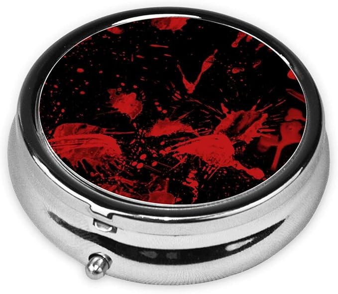 Round Pill Case Pill Box with Mirror Silver Pocket 3 Compartment Medicine Case Vitamin Pill Organizer for Pocket Purse and Travel Gifts, Classic Horror Blood Splatter Black Red