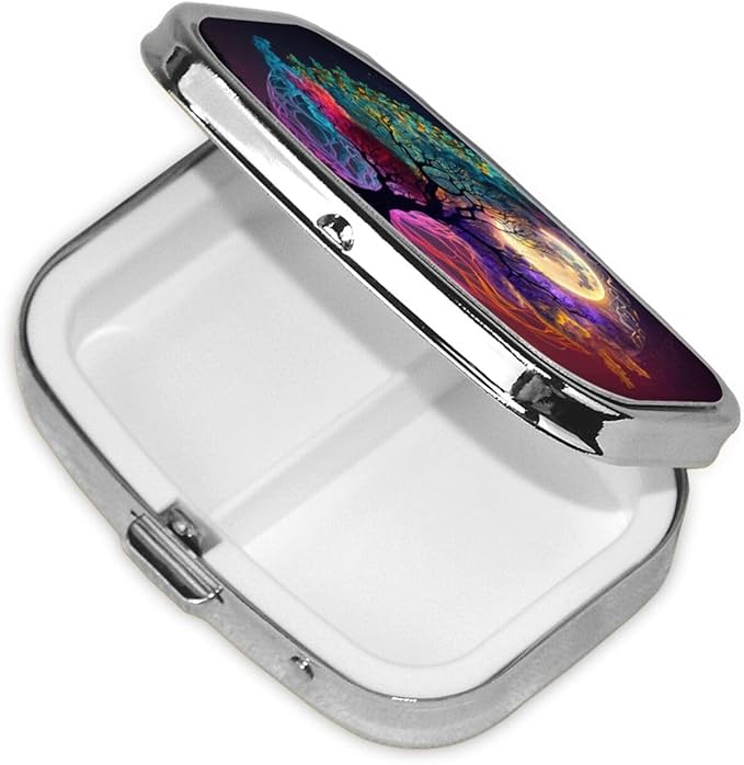 Magic Fantasy Tree Moon Art Print Square Metal Pill Box with 2 Compartment for Pocket or Purse Travel Bag Small Size 2.2 inche